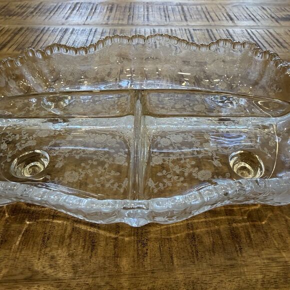 Vintage Cambridge Rose Etched Glass Relish Dish 3 Section Footed Tray Handles - Picture 5 of 7